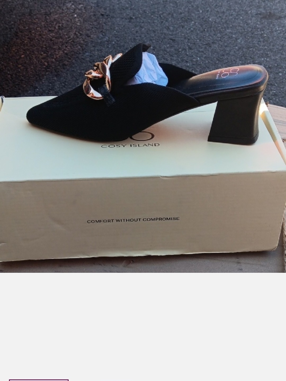 Cosy Island Black Chain-Accent Pointed Mule Heel